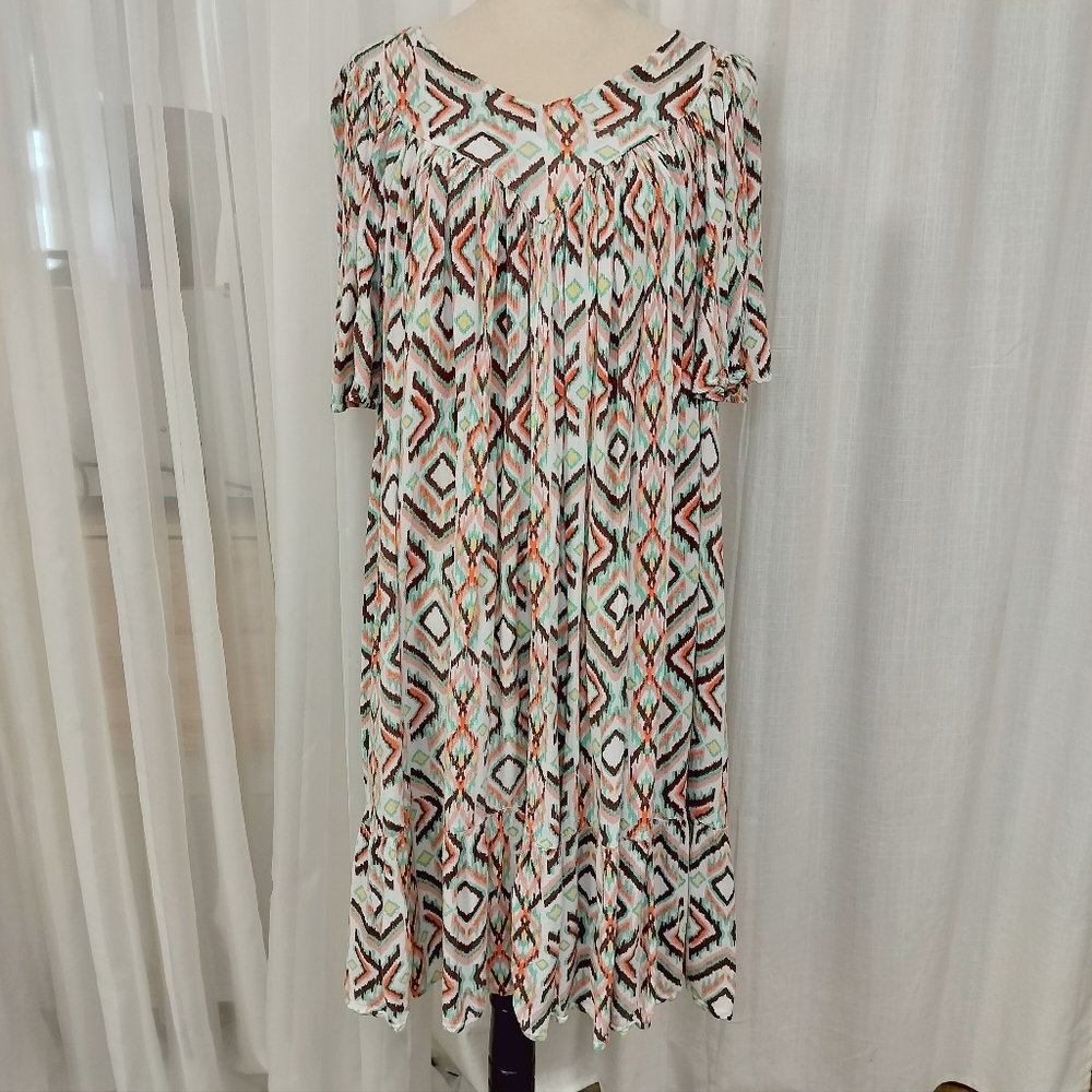 Go Softly Aztec Geometric Print Patio Dress Size XL Pockets Summer Dress Midi‎
